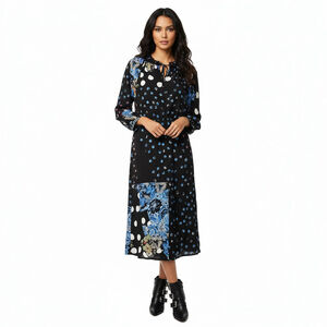 NWT Desigual Dress US Sz L Black Polka Dot Floral Ruffle Midi Cutout Back Artsy